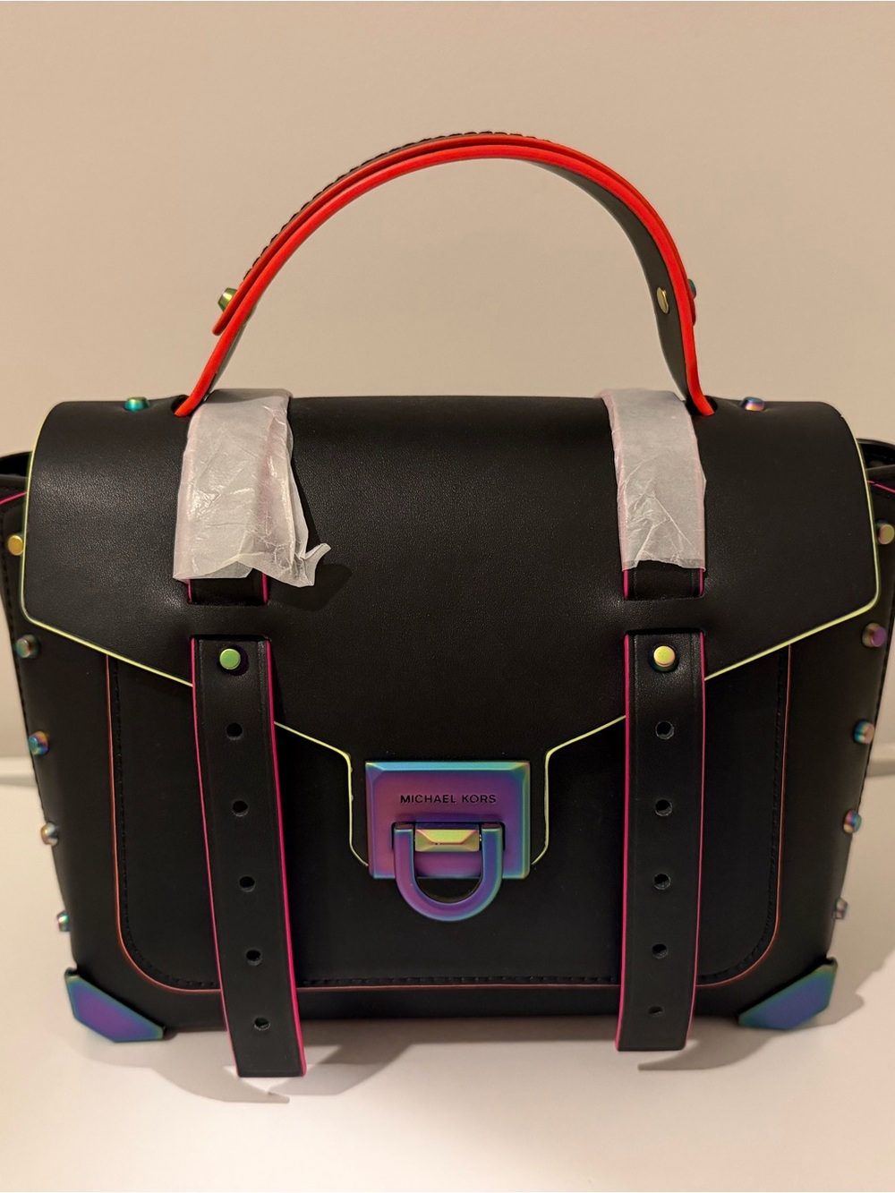 Michael Kors Black Satchel with Neon Pink and Iridescent Hardware